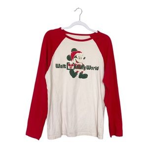 Disney Parks Santa Mickey Christmas Holiday Raglan Baseball Tee Red Sz Small